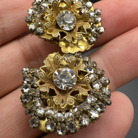 Vintage Signed Miriam Haskell Flower Gold Tone Rhinestone Earrings - Picture 8 of 12